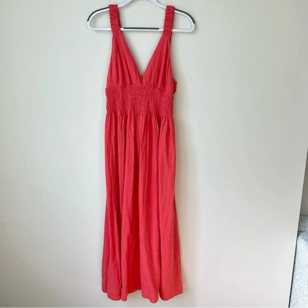 Abercrombie Scrunchie Strap Plunge Linen Maxi Dress Salmon Pink